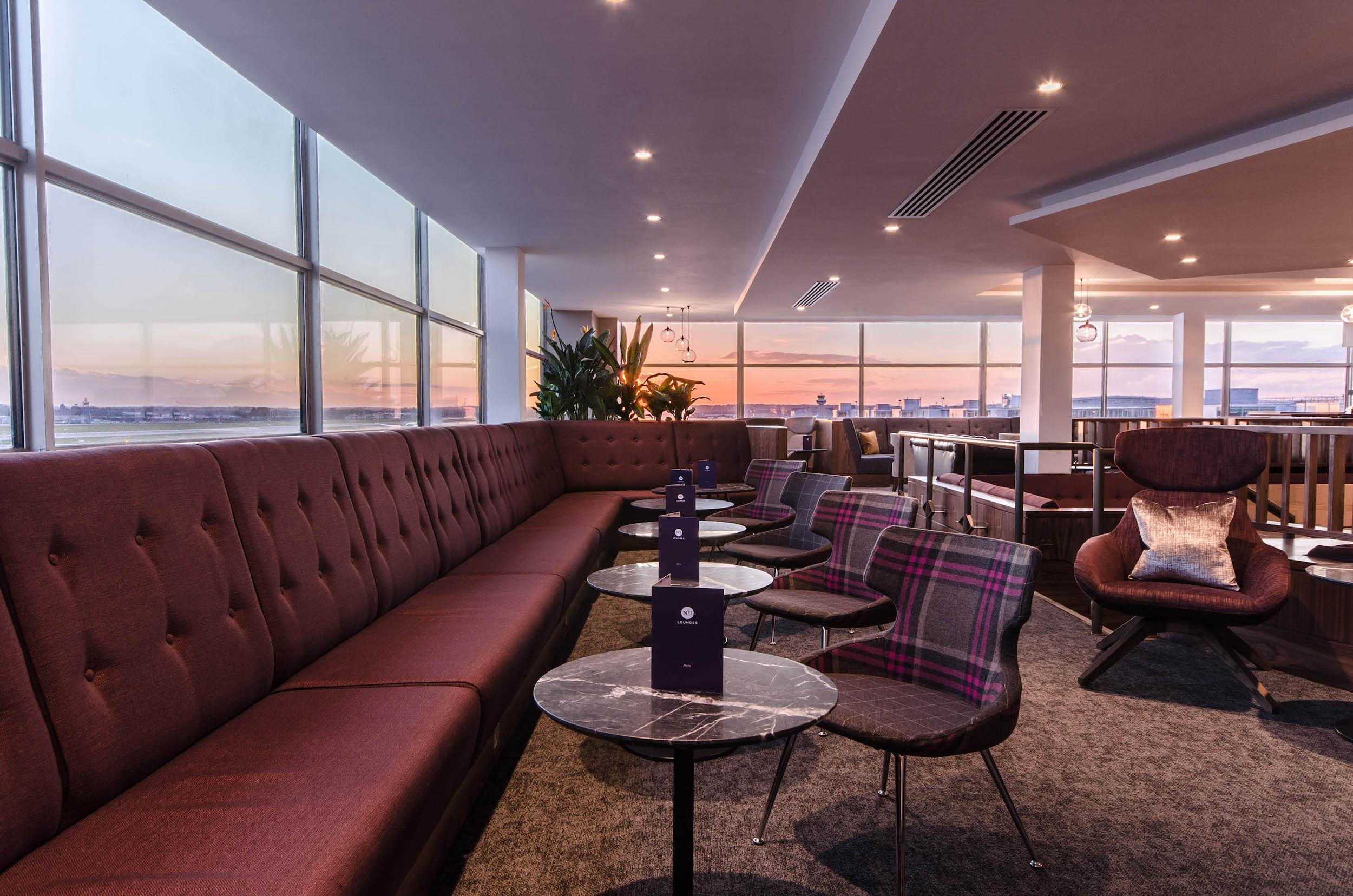 No1 Lounge Gatwick South Seating with Sunset