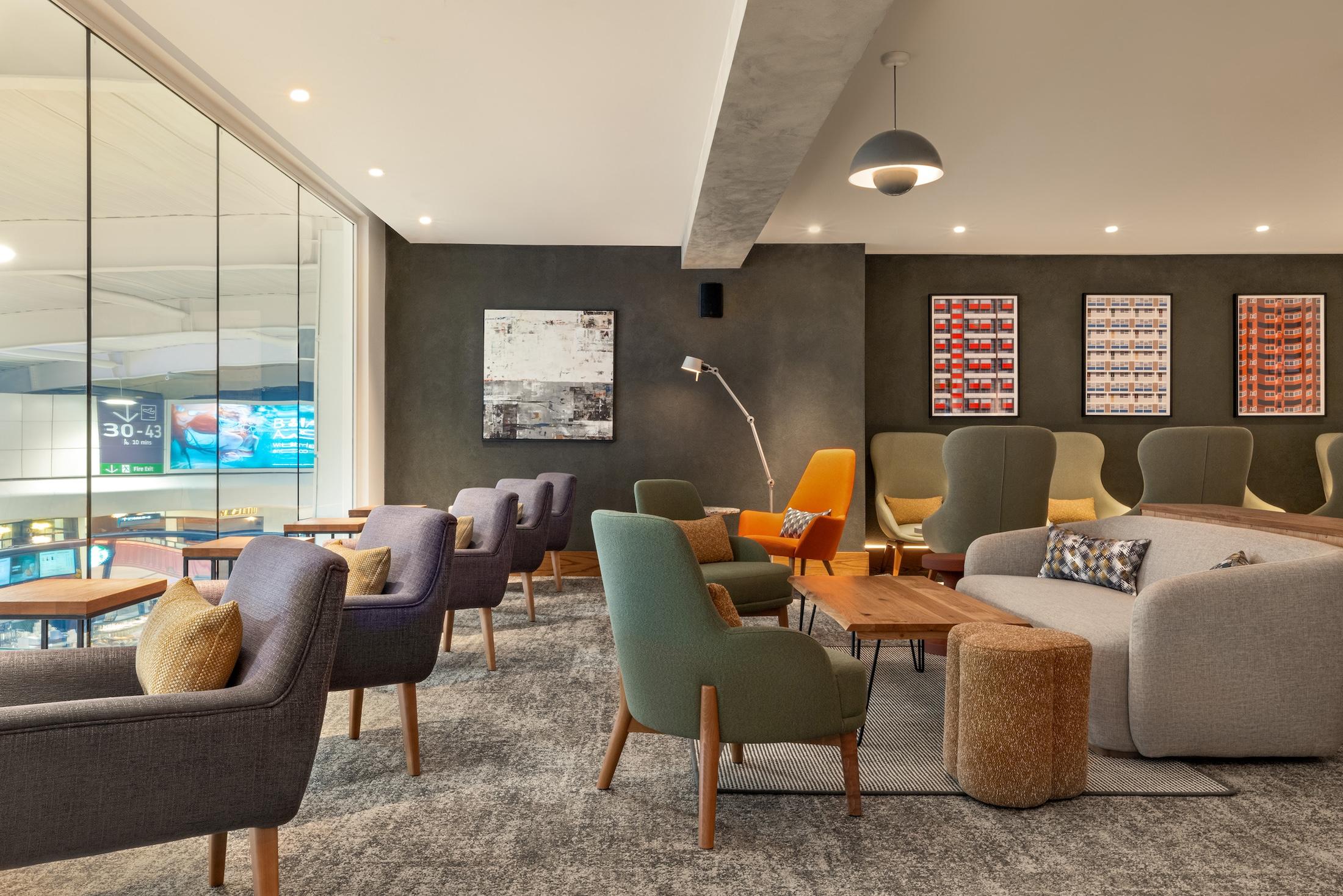 My Lounge at Luton Airport Windows and Different Seating